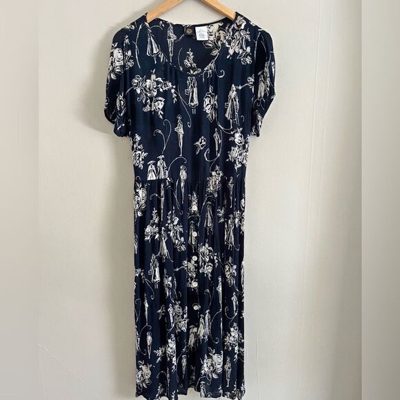 BILA vintage 90s Victorian inspired printed crinkle black button midi maxi dress - Picture 2 of 11